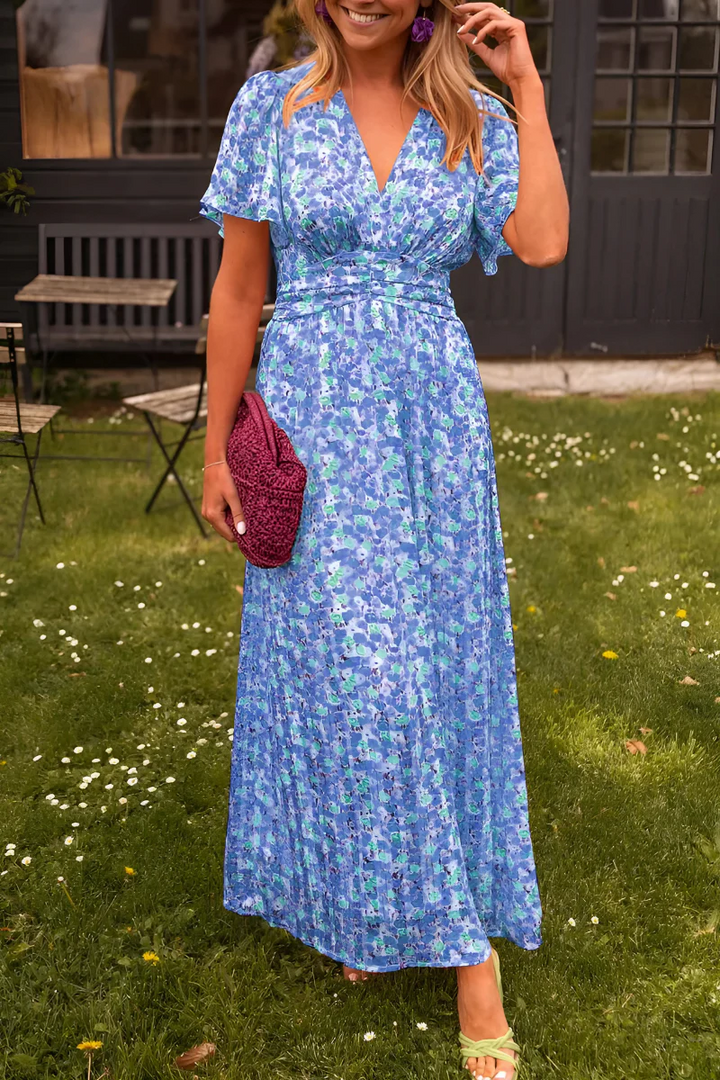 Floral Maxi Dress V-Neck Flutter Sleeve Ruched Waist