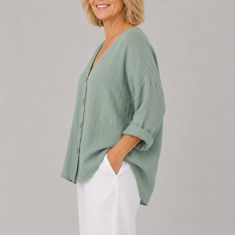 Women's Relaxed Fit V-Neck Blouse with 3/4 Sleeves and Button Front