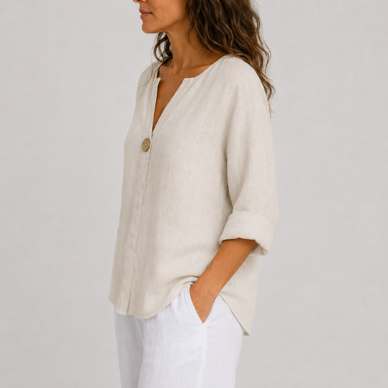 Women's V-Neck Blouse with Single Button Detail and Rolled Sleeves