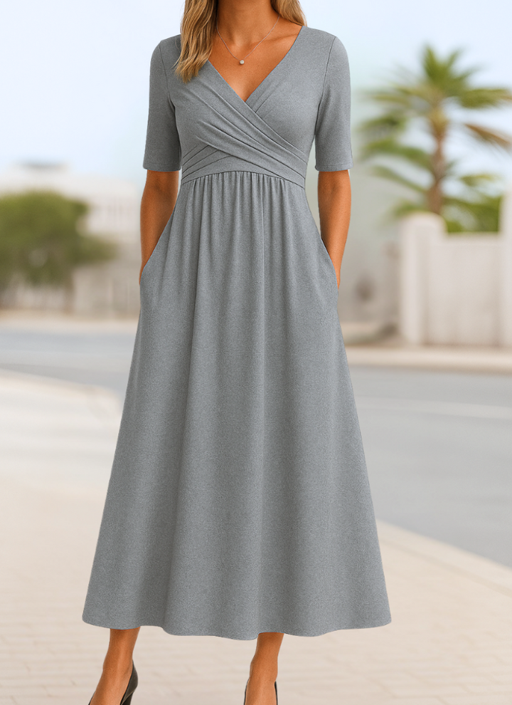 Women's Wrap V-Neck Midi Dress Short Sleeve Ruched Waist