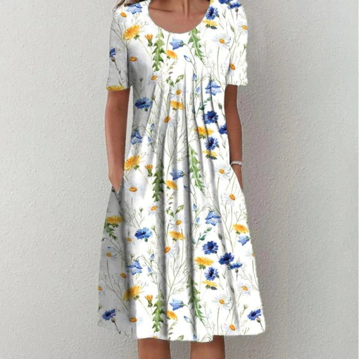 Women's Floral Print Short Sleeve Midi Dress with Gathered Bodice