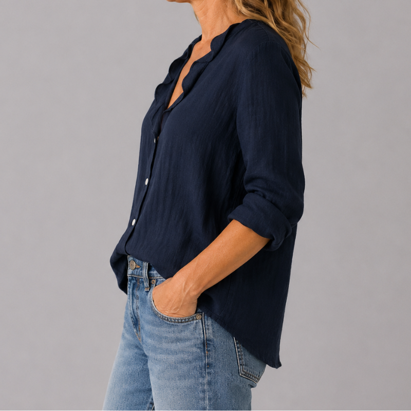 Women's Long Sleeve Button-Down Shirt with Lapel Detail and Curved Hem