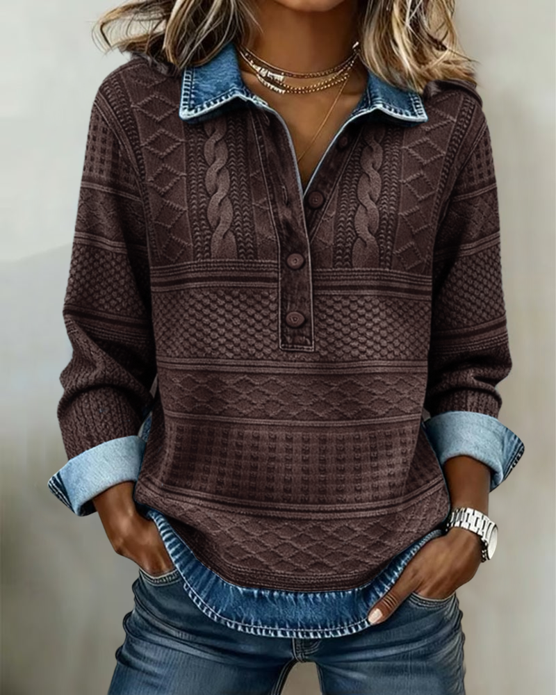 Women's Cable Knit Collared Half Button Sweatshirt