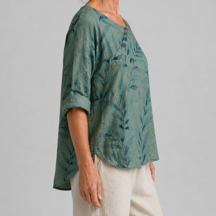 Women's Relaxed Fit Leaf Print Blouse with 3/4 Sleeves and Button Placket