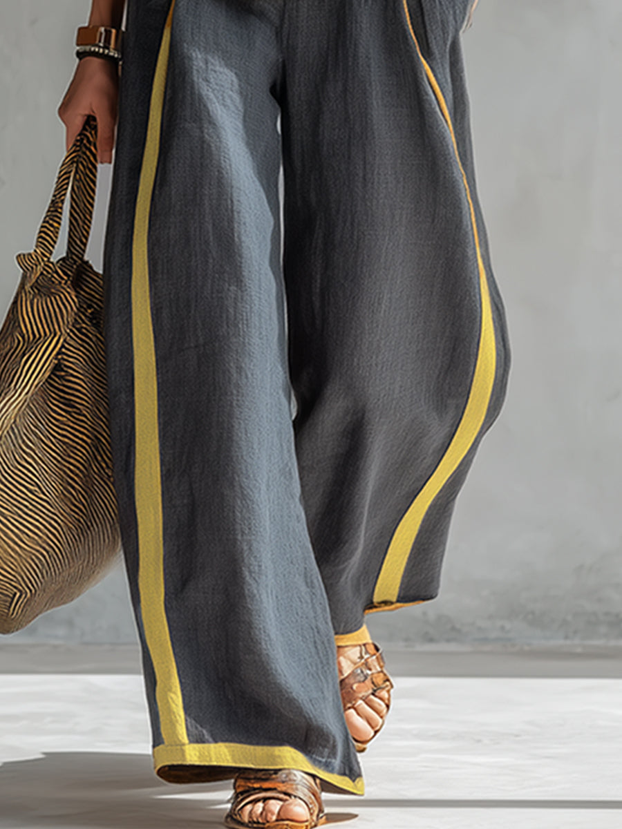 Women's Sleeveless Wide Leg Pants Set Contrast Trim