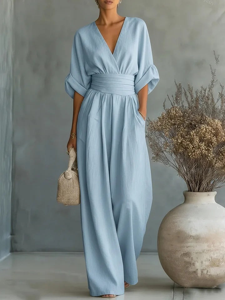 Linen Wide Leg Jumpsuit V-Neck Belted Waist Half Sleeve