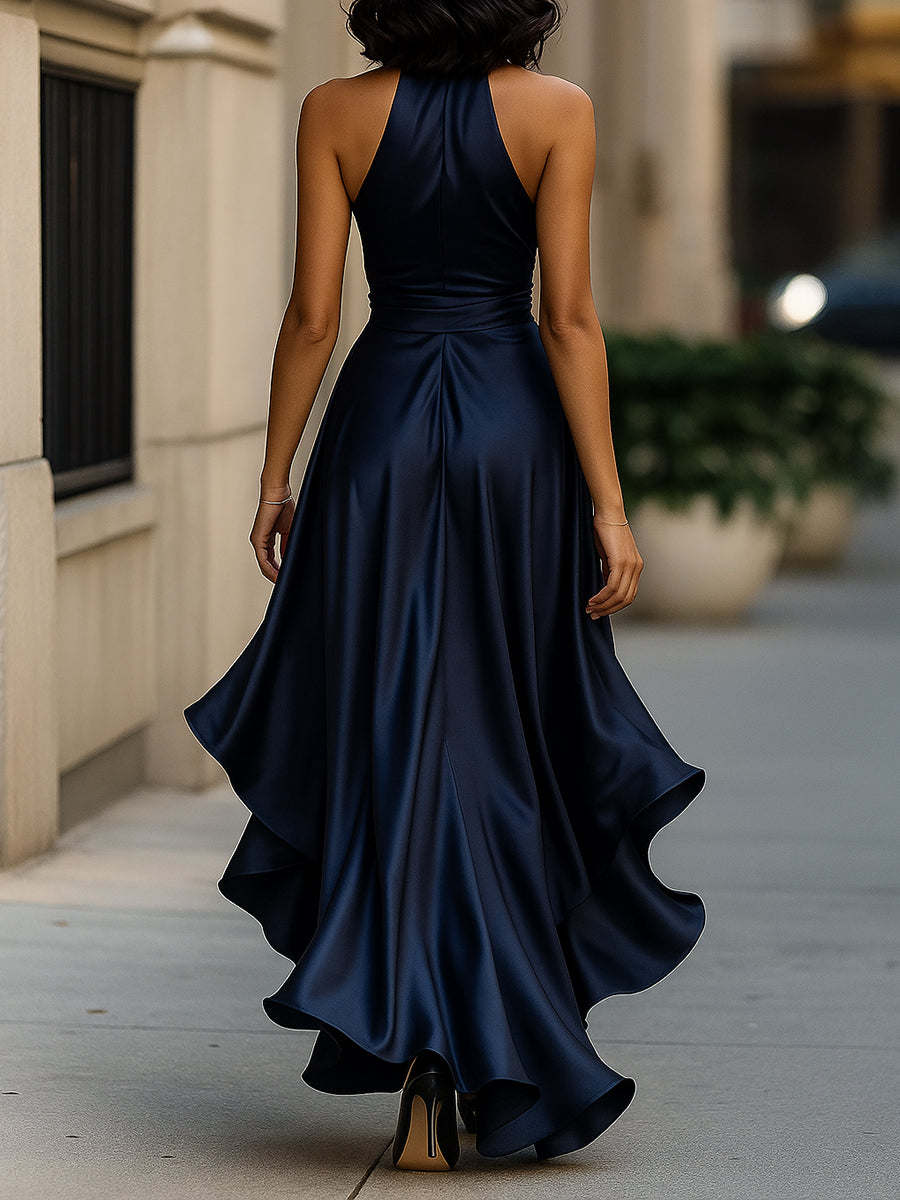 Women's Satin Halter Neck Bow Waist High-Low Ruffle Maxi Gown