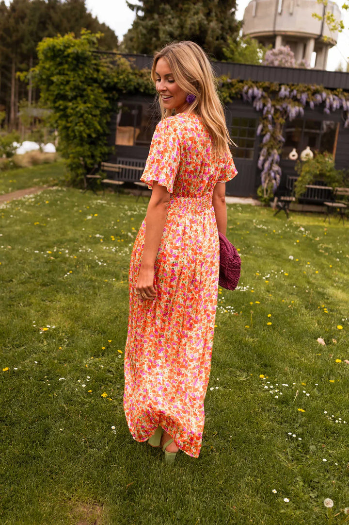 Floral Maxi Dress V-Neck Flutter Sleeve Ruched Waist