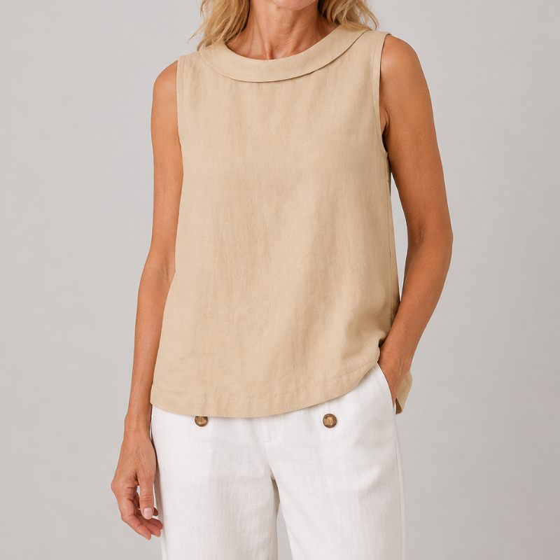 Sleeveless Roll Neck Collar Top with Back Keyhole and Curved Hem