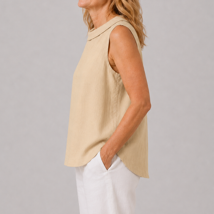 Sleeveless Roll Neck Collar Top with Back Keyhole and Curved Hem