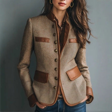 Women's Tweed Stand Collar Faux Leather Trim Blazer