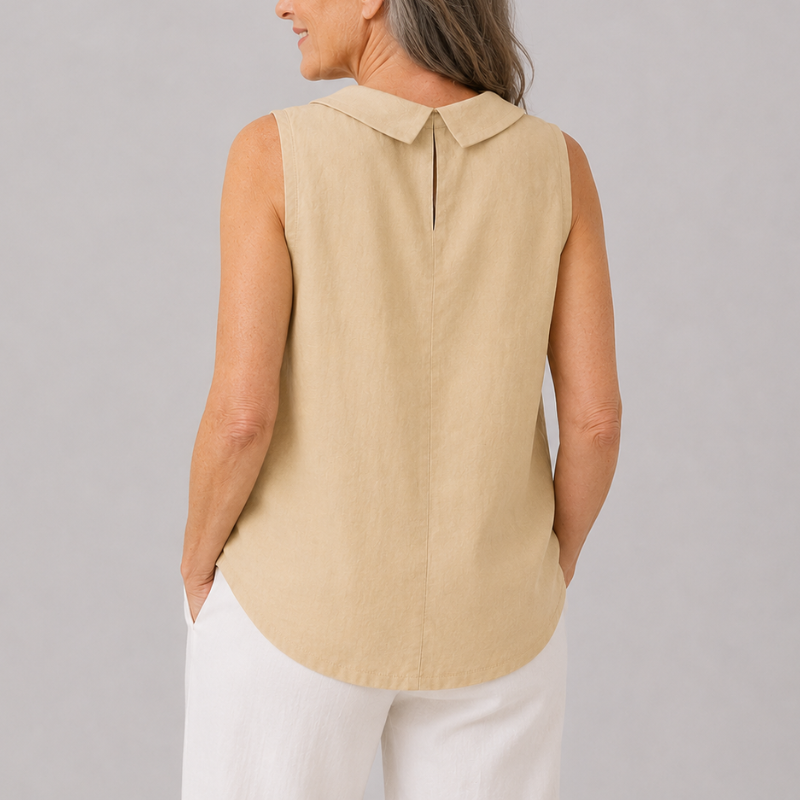 Sleeveless Roll Neck Collar Top with Back Keyhole and Curved Hem