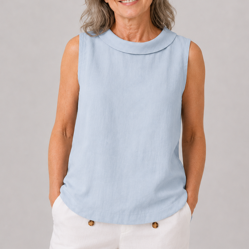 Sleeveless Roll Neck Collar Top with Back Keyhole and Curved Hem
