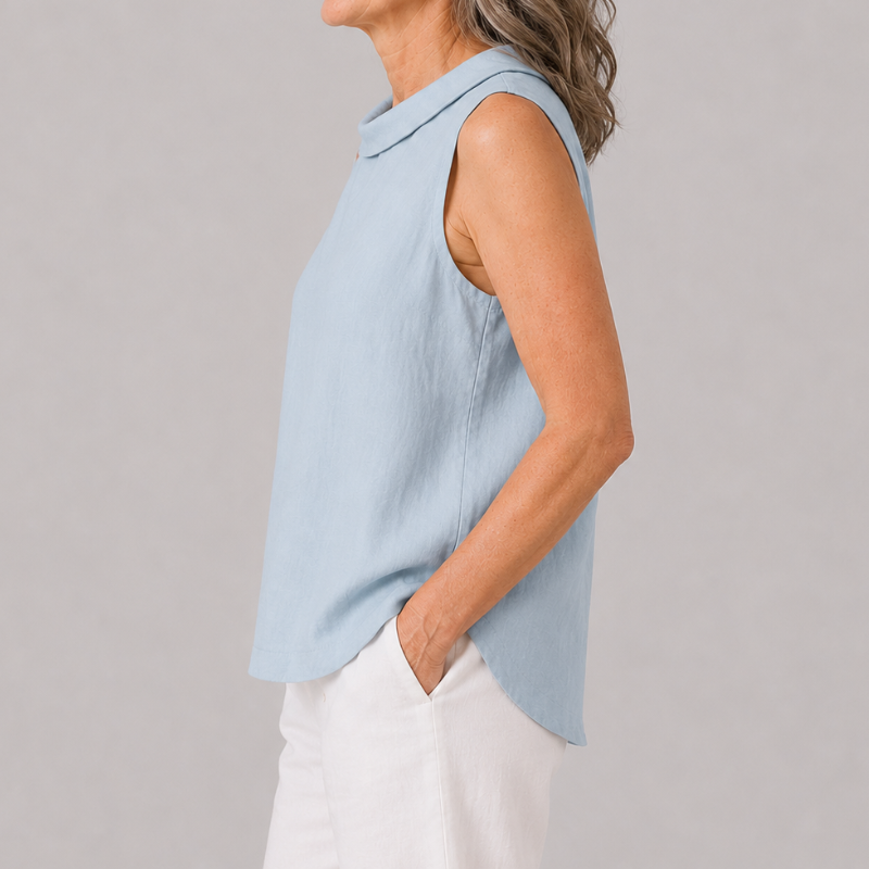 Sleeveless Roll Neck Collar Top with Back Keyhole and Curved Hem