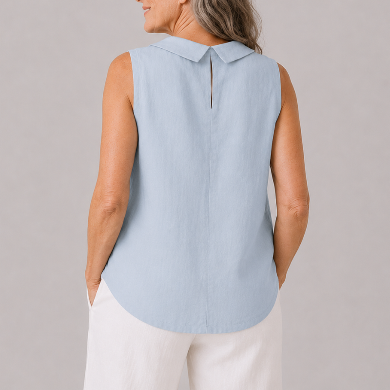 Sleeveless Roll Neck Collar Top with Back Keyhole and Curved Hem