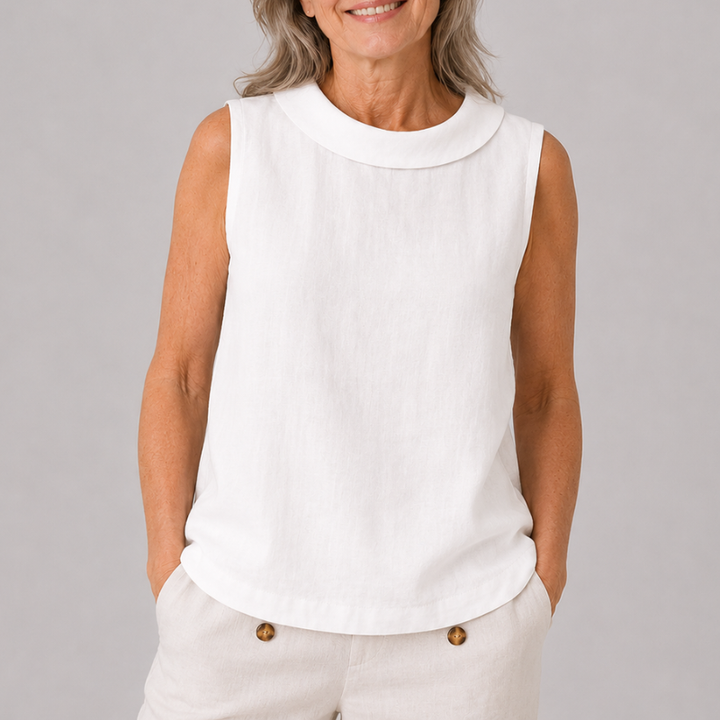Sleeveless Roll Neck Collar Top with Back Keyhole and Curved Hem