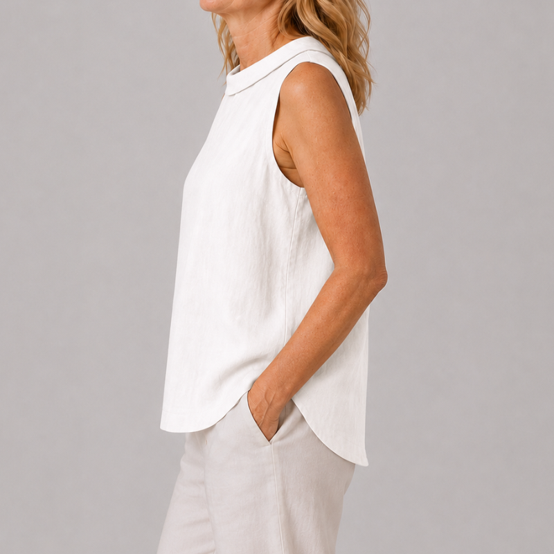 Sleeveless Roll Neck Collar Top with Back Keyhole and Curved Hem