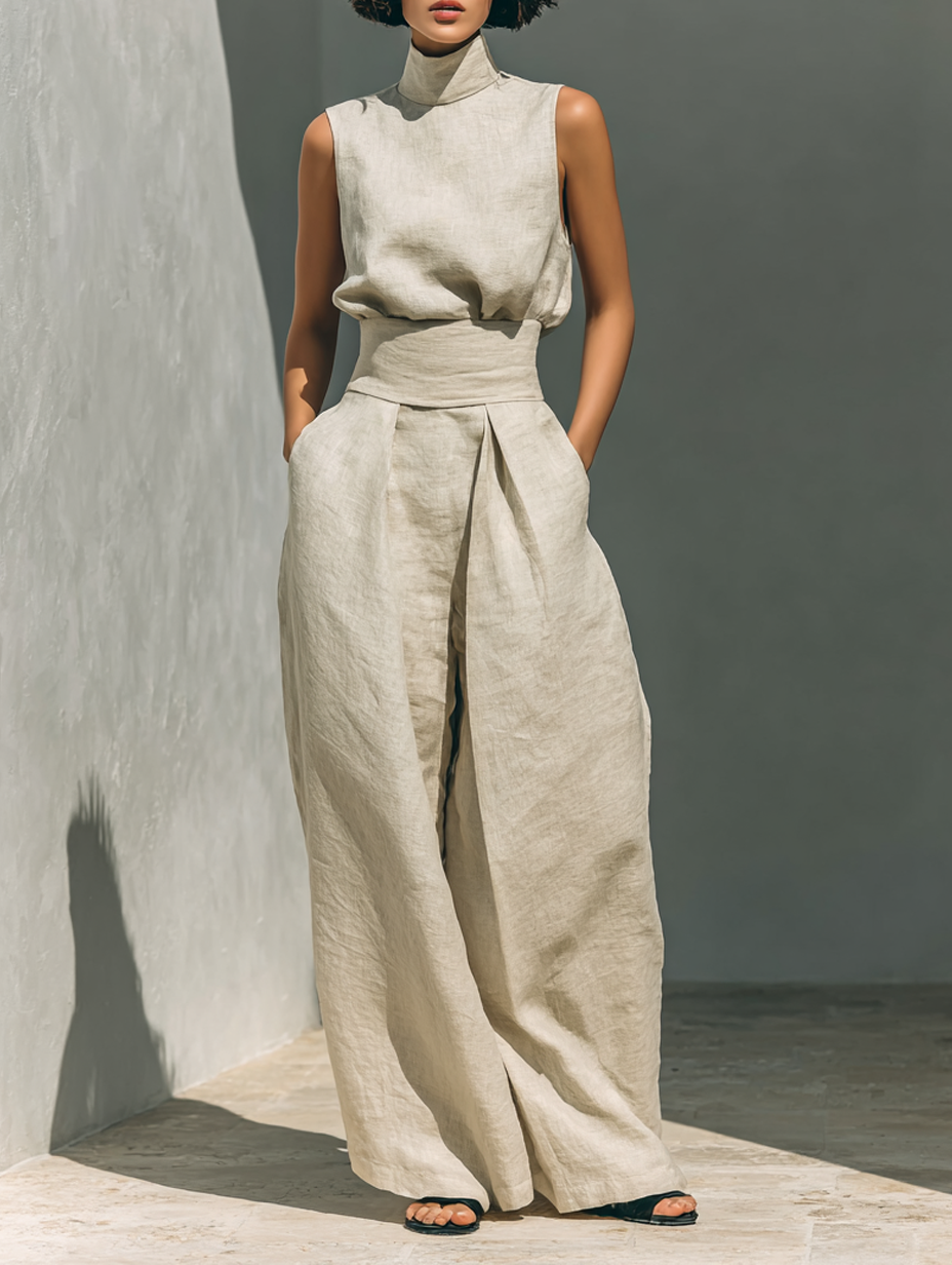 Linen Wide Leg Trousers and Top Matching Set Sleeveless