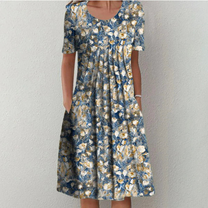Women's Floral Print Short Sleeve Midi Dress with Gathered Bodice