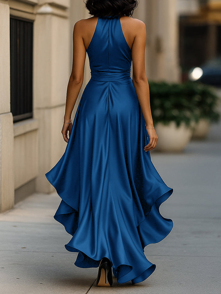 Women's Satin Halter Neck Bow Waist High-Low Ruffle Maxi Gown