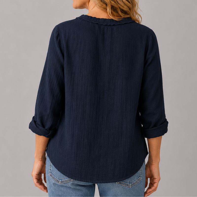 Women's Long Sleeve Button-Down Shirt with Lapel Detail and Curved Hem