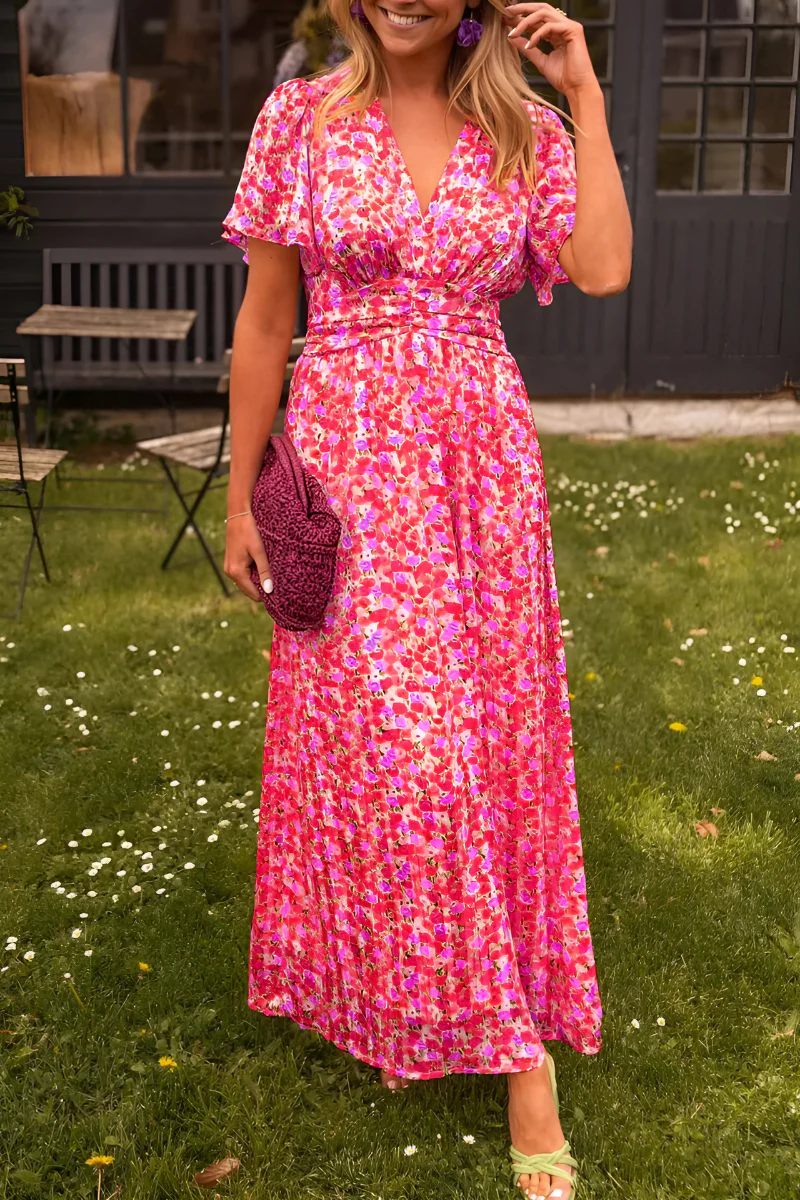 Floral Maxi Dress V-Neck Flutter Sleeve Ruched Waist