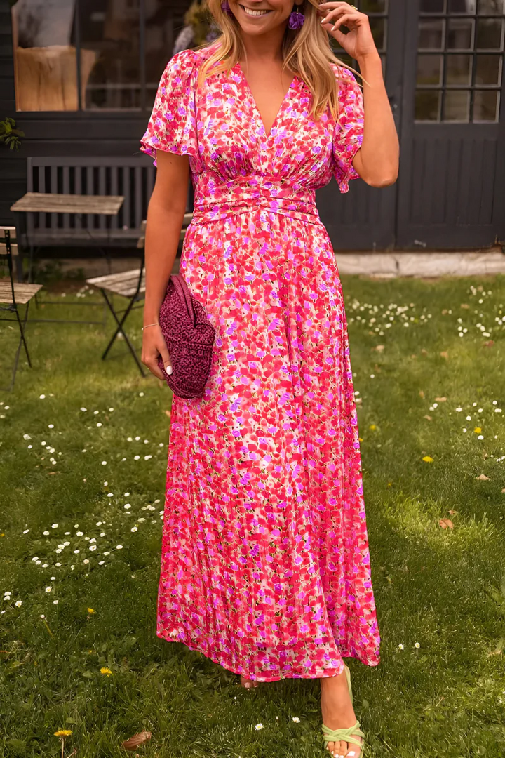 Floral Maxi Dress V-Neck Flutter Sleeve Ruched Waist