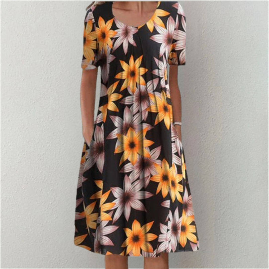 Women's Floral Print Short Sleeve Midi Dress with Gathered Bodice