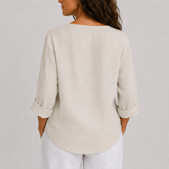 Women's V-Neck Blouse with Single Button Detail and Rolled Sleeves