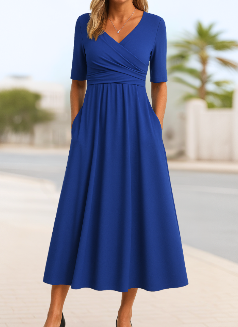 Women's Wrap V-Neck Midi Dress Short Sleeve Ruched Waist