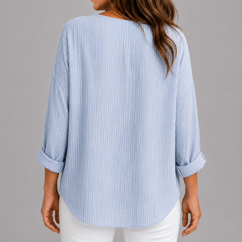 Women's Striped Relaxed Fit Top with Round Neck and Rolled Sleeves