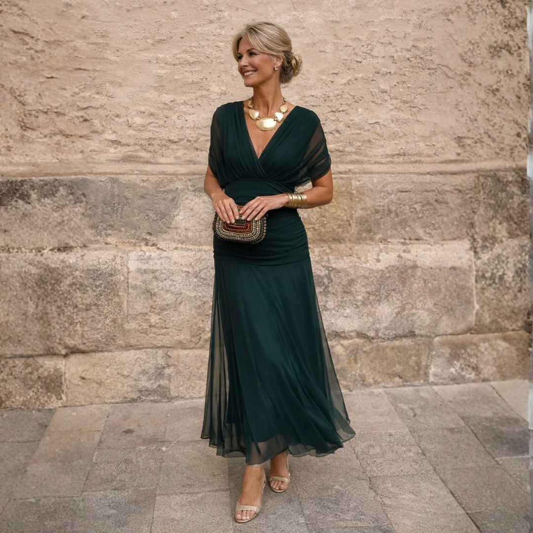 Women's V-Neck Ruched Waist Sheer Sleeve Chiffon Maxi Dress