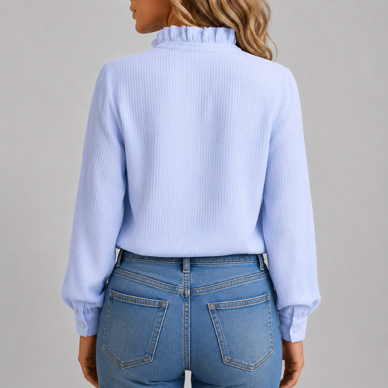 Women's Long Sleeve Button-Down Blouse with Ruffle Collar and Textured Weave