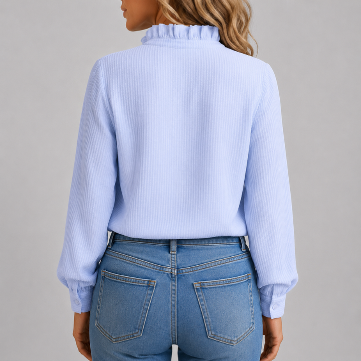 Women's Long Sleeve Button-Down Blouse with Ruffle Collar and Textured Weave