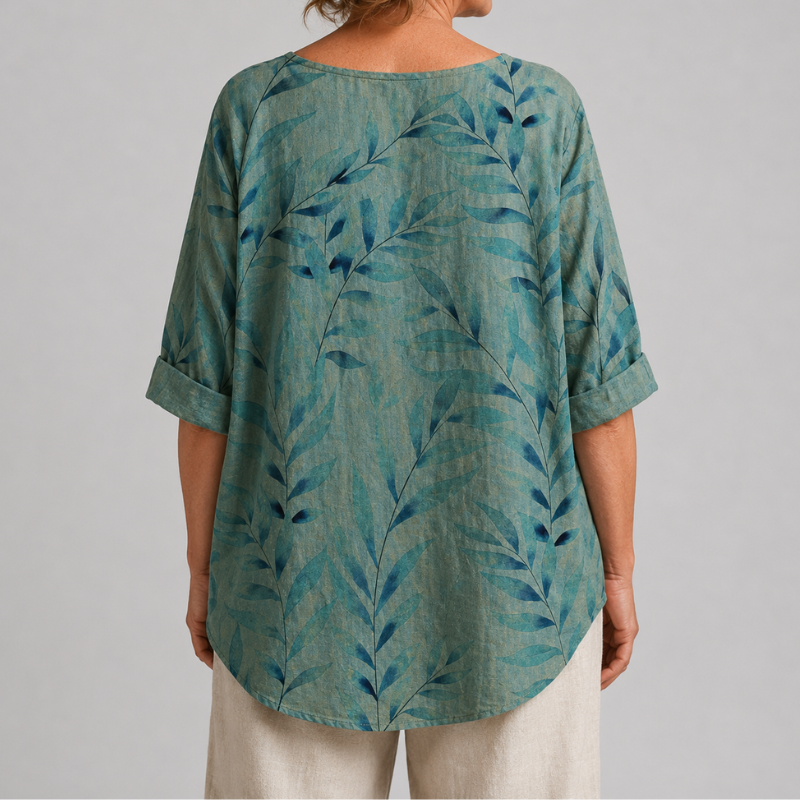 Women's Relaxed Fit Leaf Print Blouse with 3/4 Sleeves and Button Placket