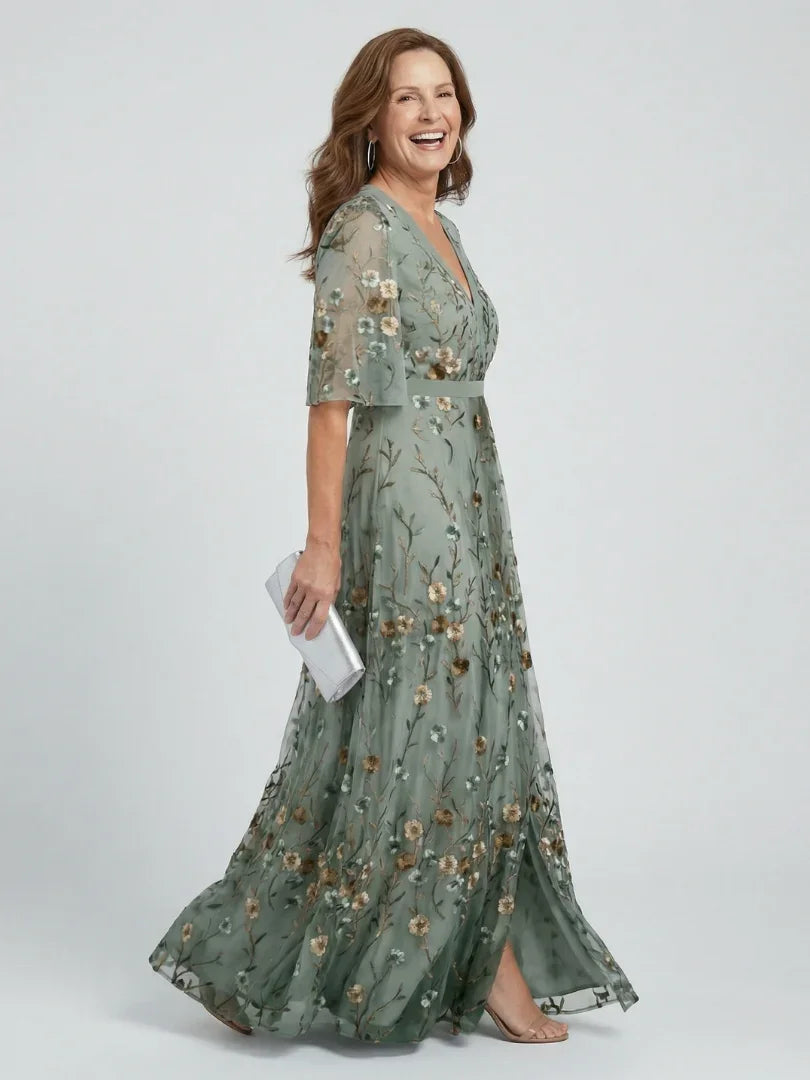 Women's Floral Embroidered Maxi Dress V-Neck Flutter Sleeve