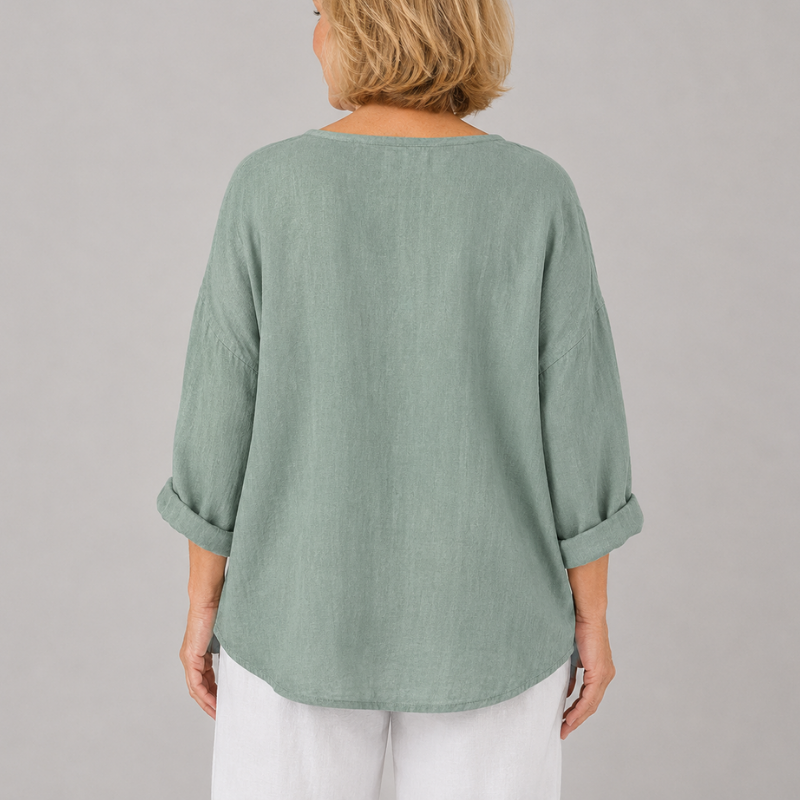 Women's Relaxed Fit V-Neck Blouse with 3/4 Sleeves and Button Front