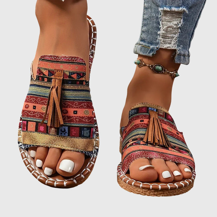 Women's Orthopaedic Boho Print Tassel Slip-On Flat Sandals