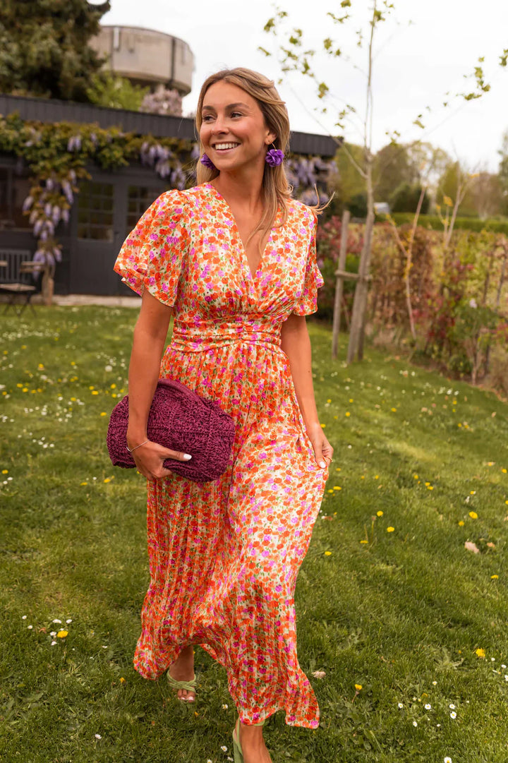 Floral Maxi Dress V-Neck Flutter Sleeve Ruched Waist