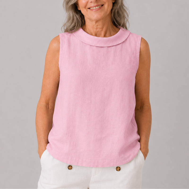 Sleeveless Roll Neck Collar Top with Back Keyhole and Curved Hem