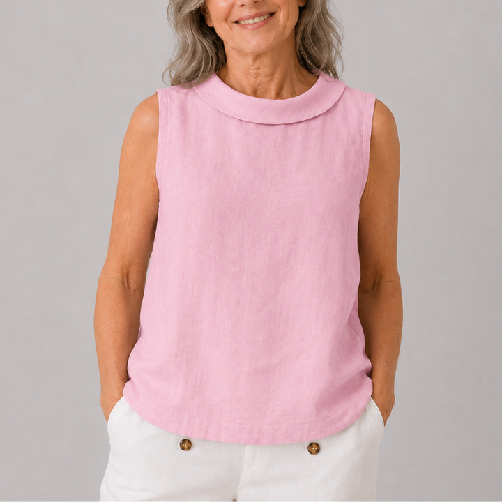 Sleeveless Roll Neck Collar Top with Back Keyhole and Curved Hem