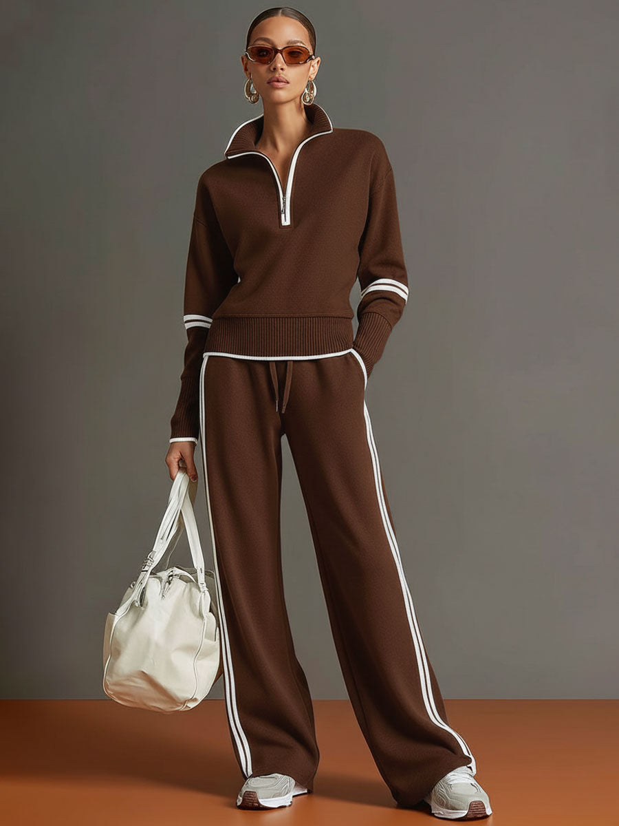 Women's Contrast Trim Half-Zip Jumper and Wide-Leg Trousers Set