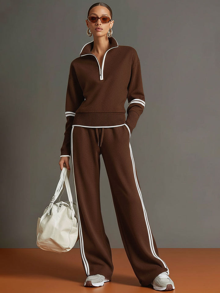 Women's Contrast Trim Half-Zip Jumper and Wide-Leg Trousers Set