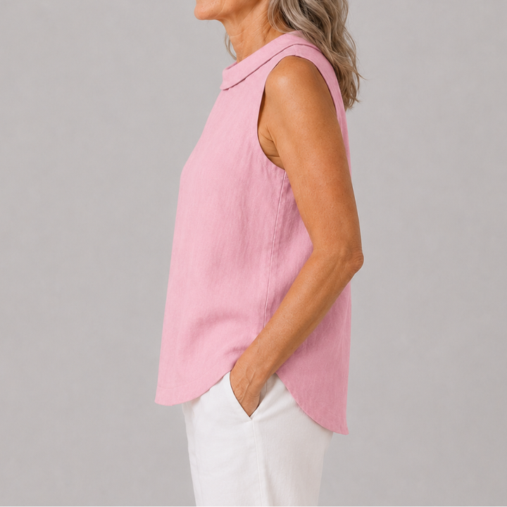 Sleeveless Roll Neck Collar Top with Back Keyhole and Curved Hem