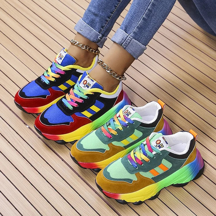 Women's Orthopedic Rainbow Colourblock Lace-Up Trainers