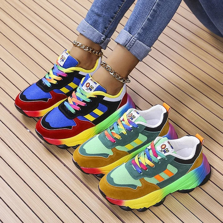 Women's Orthopedic Rainbow Colourblock Lace-Up Trainers
