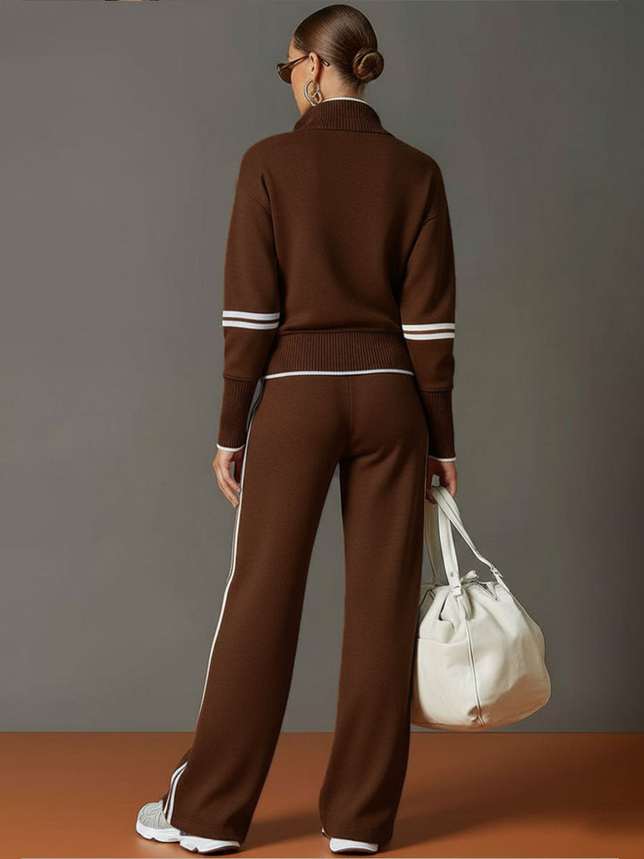 Women's Contrast Trim Half-Zip Jumper and Wide-Leg Trousers Set