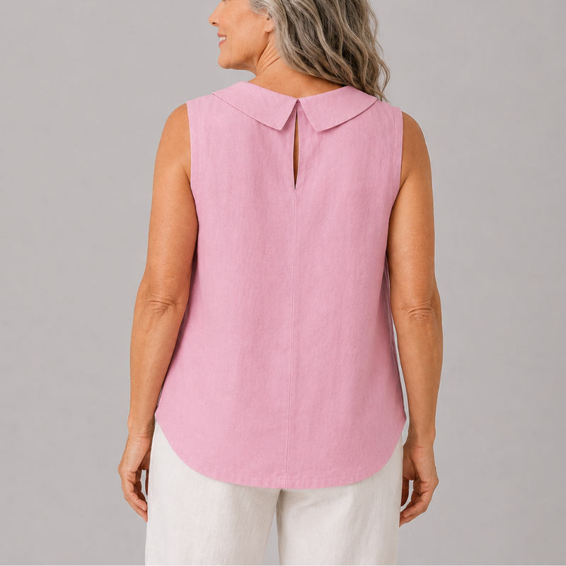 Sleeveless Roll Neck Collar Top with Back Keyhole and Curved Hem