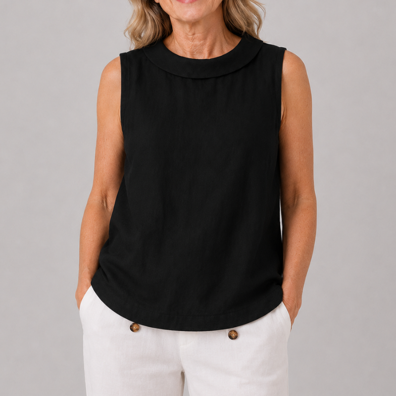 Sleeveless Roll Neck Collar Top with Back Keyhole and Curved Hem