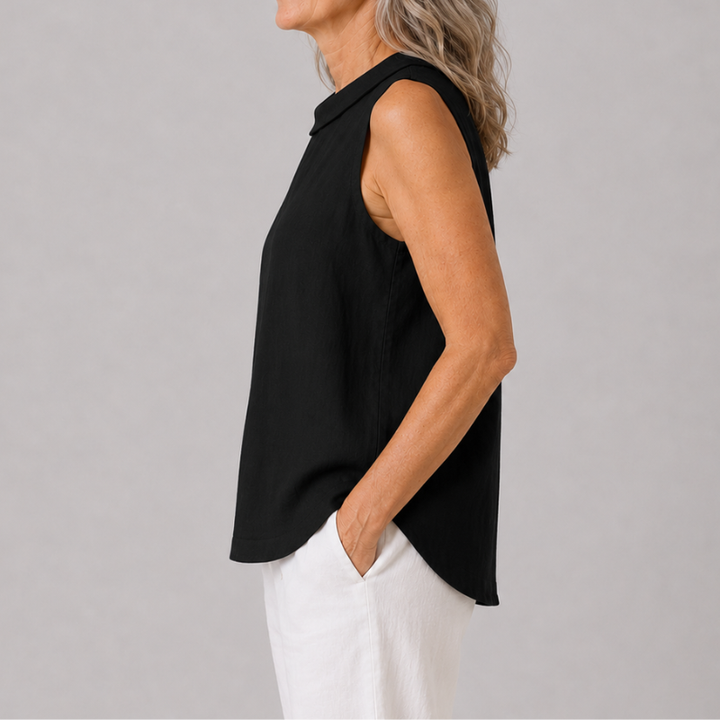 Sleeveless Roll Neck Collar Top with Back Keyhole and Curved Hem